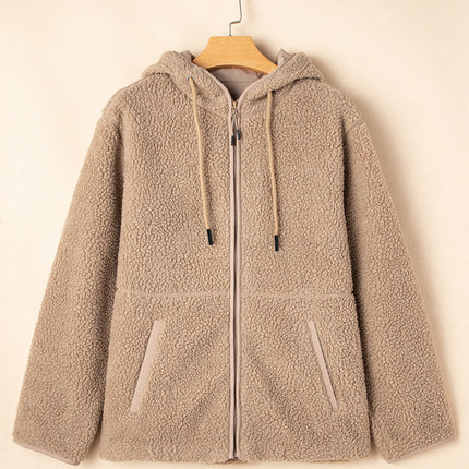 Pale Khaki Fleece Zip Up Drawstring Hooded Pocketed Jacket