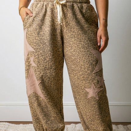 Khaki Plus Size Leopard Print Western Star Patched Jogger Pants