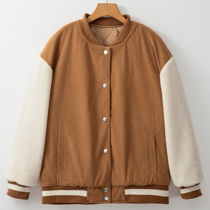 Buckskin Corduroy Fleece Patchwork Buttoned Bomber Jacket