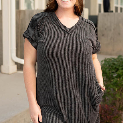 Carbon Grey Corded V Neck Plus Size T Shirt Dress with Pockets