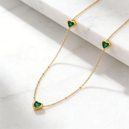 Stainless Steel Necklace And Bracelet With Inlaid Green Diamond Hearts