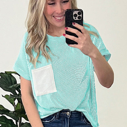 Light Blue Corded Knit Color Block Pocketed Crew Neck T Shirt