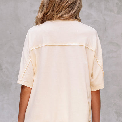 Apricot Flower Patched Exposed Stitching Trim Crew Neck Loose Tee
