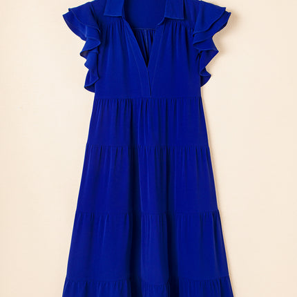 Bluing Ruffled Short Sleeve Collared V Neck Tiered Midi Dress