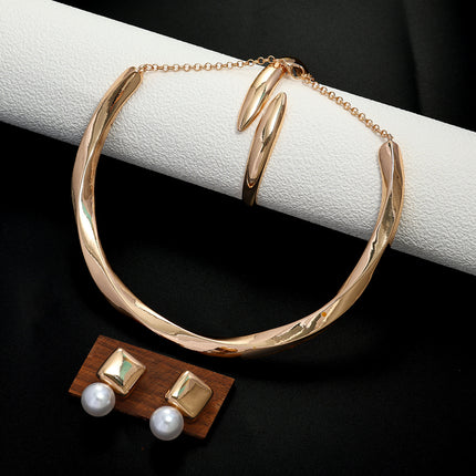 Women's Statement Necklace Geometric Wave Design Pearl Earrings And Bracelet