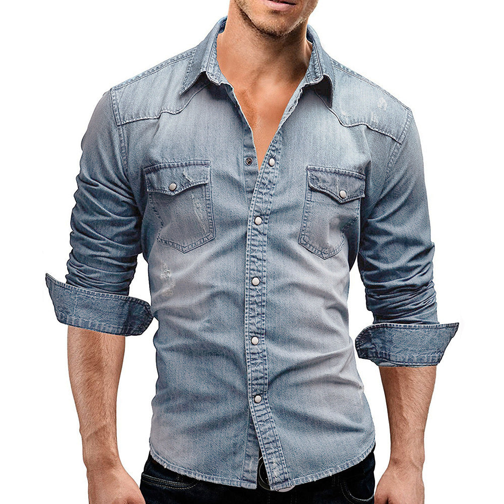 Casual Solid Color Men's Denim Short Sleeve Shirt