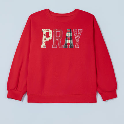 Coffee PRAY Letter Patchwork Round Neck Long Sleeve Plus Size Sweatshirt