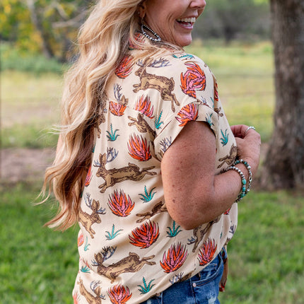 Khaki Plus Size Western Pattern Print Buttoned Short Sleeve Shirt