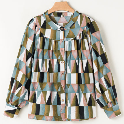 Green Geometric Print Buttoned Balloon Sleeve Loose Fit Shirt