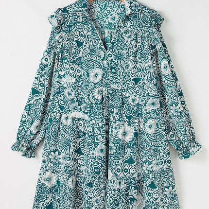 Green Floral Flounce Sleeve Split Neck Plus Size Dress