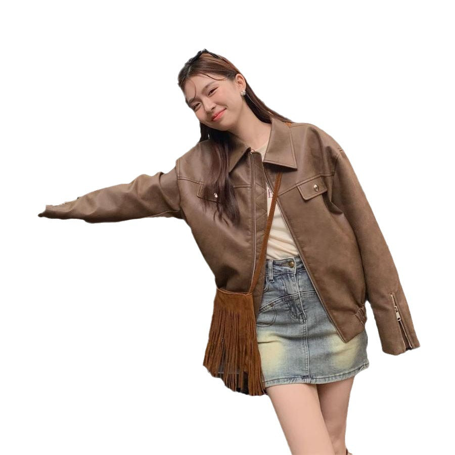 Women's Casual American Retro Solid Color Loose Leather Coat