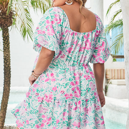 White Floral Print Ric-rac Trim Square Neck Plus Size Mini Dress