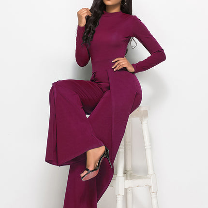 Round Neck Long Sleeve Wide Leg Jumpsuit
