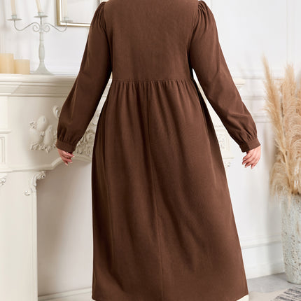 Coffee Embroidered Notched Neckline Textured Pleated High Waist Plus Size Midi Dress