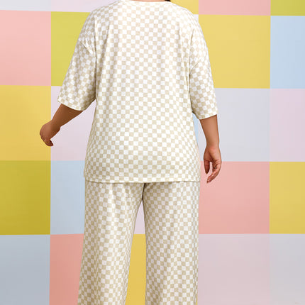 Khaki Plus Size Checkered Print Half Sleeve Tee Loose Pants Two-piece Lounge Set