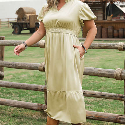 Laurel Green Notched V Neck Puff Sleeve Tiered Plus Size Maxi Dress