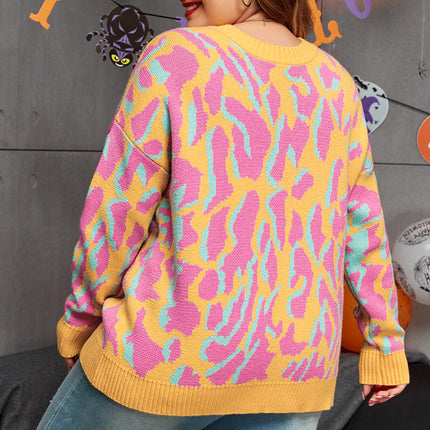 Bright Pink Plus Size Leopard Ribbed Trim Sweater