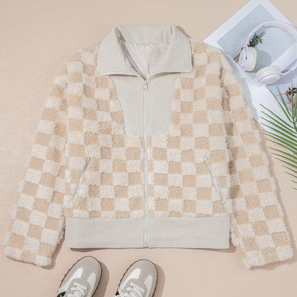 Khaki Checker Sherpa Corduroy Patchwork Zip up Collared Jacket