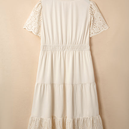 Apricot Plus Size V Neck Lacy Embroidery Patchwork Short Sleeve Maxi Dress