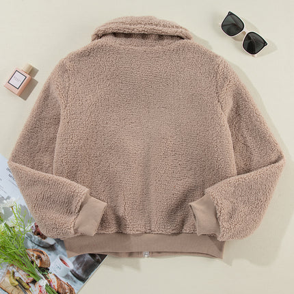 Light French Beige Zipper Pocketed Winter Fuzzy Jacket