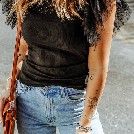 Black Dotty Mesh Ruffle Sleeve Ribbed Knit Top