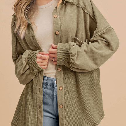 Moss Green Waffle Knit Patchwork Buttoned Oversized Shacket
