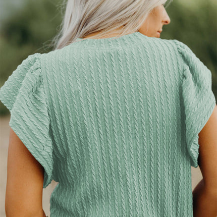 Moonlight Jade Solid Color Textured Flutter Sleeve Top
