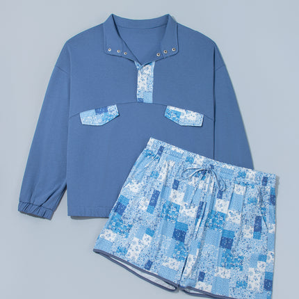 Blue Floral Patchwork V-Neck Long Sleeve Short Bottoms Plus Size Set