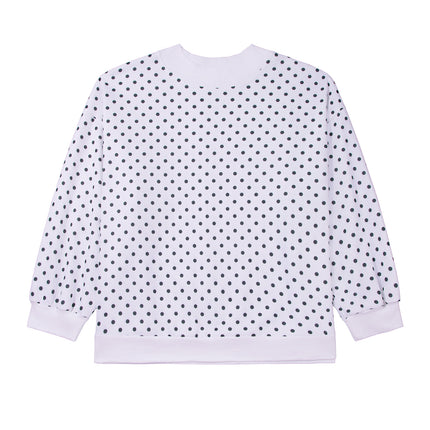 White Polka Dot Ribbed Stand Neck Plus Size Casual Sweatshirt