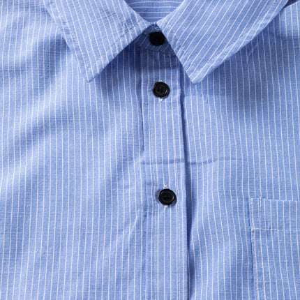Sky Blue Stripe Roll-tab Sleeve Pocketed Long Shirt