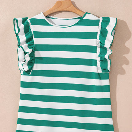 Green Stripe Flutter Sleeve Round Neck T Shirt