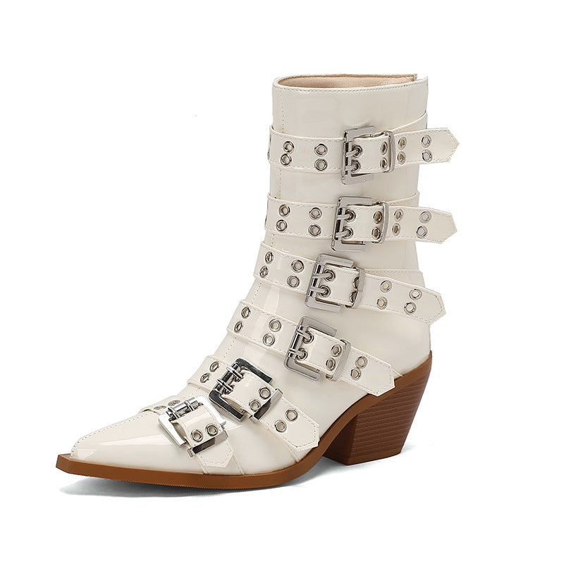 Autumn And Winter Pointed Knight Women's Boots Plus Size Punk Belt Buckle Booties