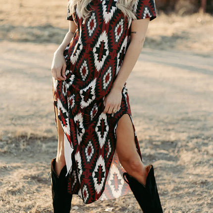 Red Western Aztec Printed Long T-shirt Dress