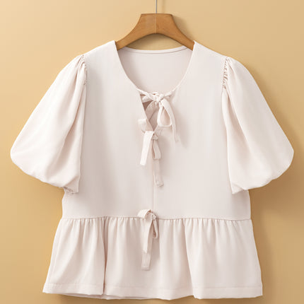 White Bow Tie Short Puff Sleeve Ruffle Hem Blouse