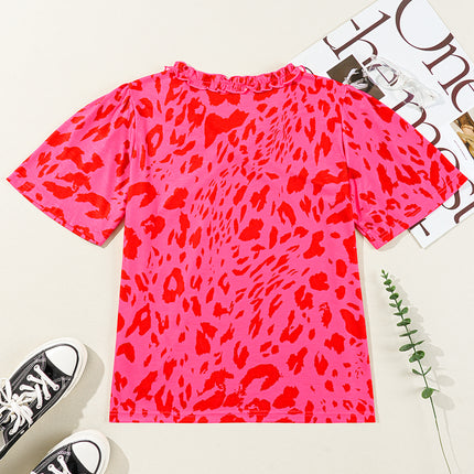 Rose Leopard Frilly V Neck Short Sleeve Blouse