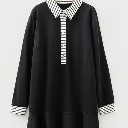 Black Plus Size Striped Cuffs Polo Collar Patchwork Long Sleeve Ruffle Hem Dress