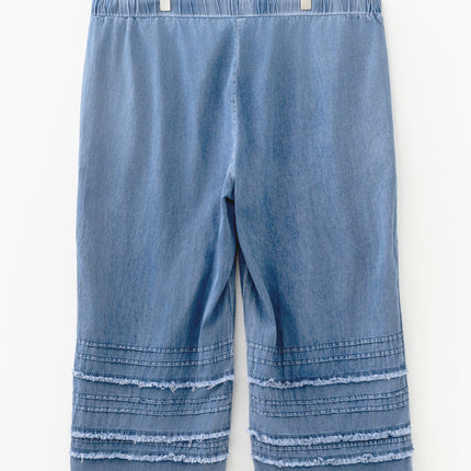 Dusk Blue Tiered Raw Edge Ruffled Plus Size Wide Leg Denim Pants