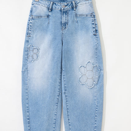 Beau Blue Flower Patched Light Wash Cropped High Waist Jeans