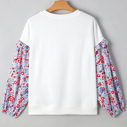 White Floral Ruffled Balloon Sleeve Patchwork Loose Blouse