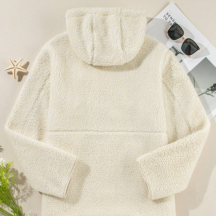 Beige Fleece Zip Up Drawstring Hooded Pocketed Jacket