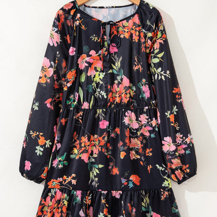 Black Plus Size Floral Print Tie Neck Cinched Waist Long Sleeve Mini Dress