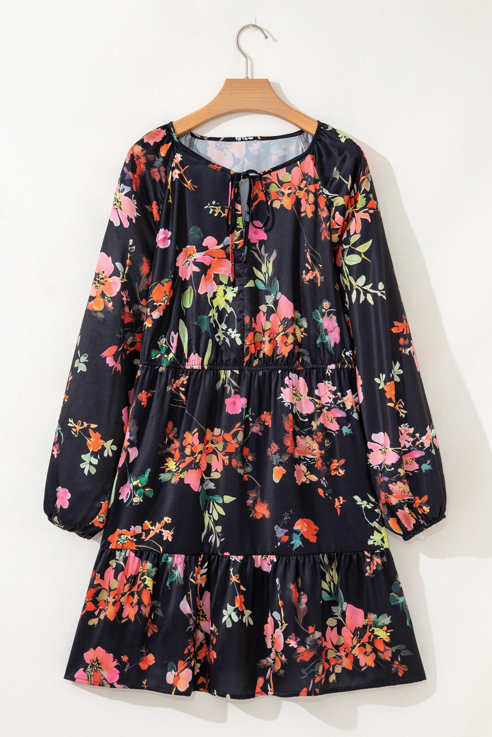 Black Plus Size Floral Print Tie Neck Cinched Waist Long Sleeve Mini Dress