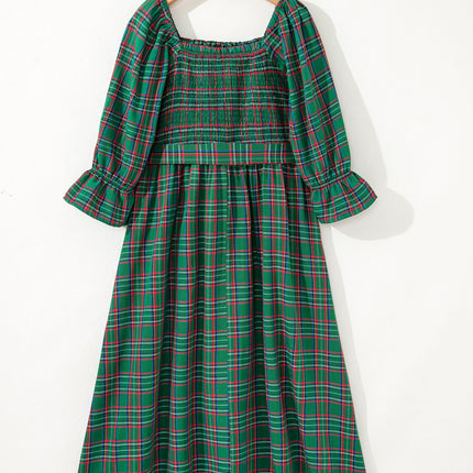 Green Tartan Plaid Square Neck Puff Sleeve Knot Waist Flared Midi Dress