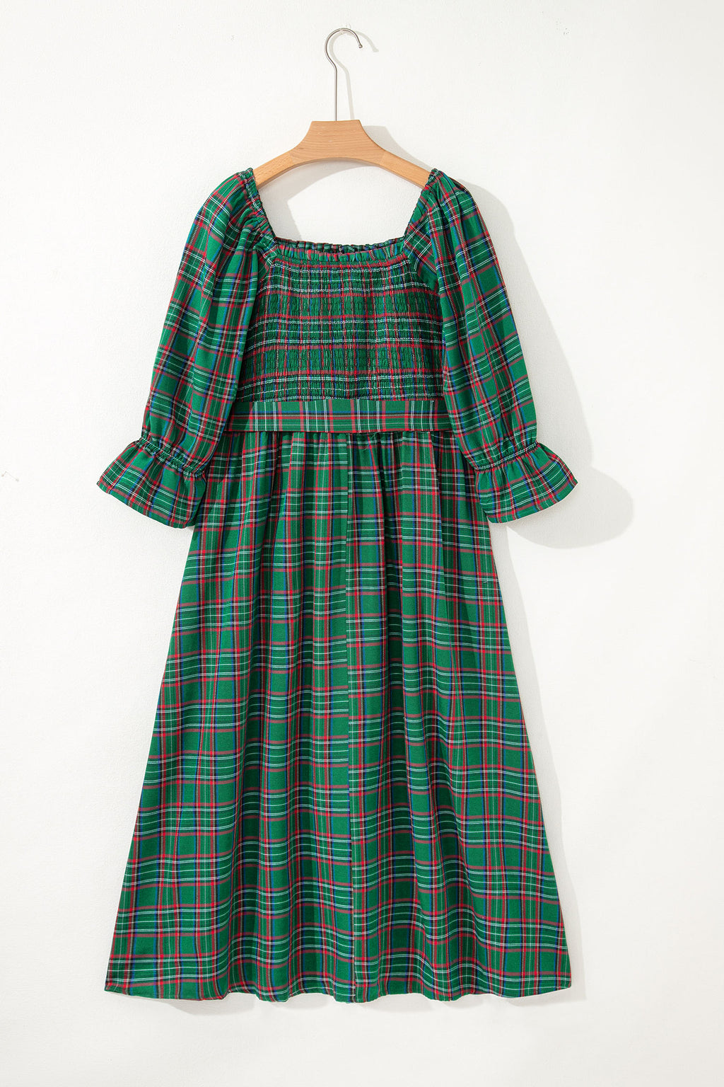 Green Tartan Plaid Square Neck Puff Sleeve Knot Waist Flared Midi Dress