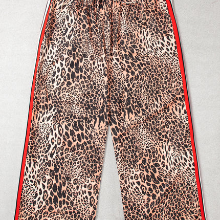 Khaki Leopard Print Colorblock Side Stripes Wide Leg Full Length Plus Size Pants