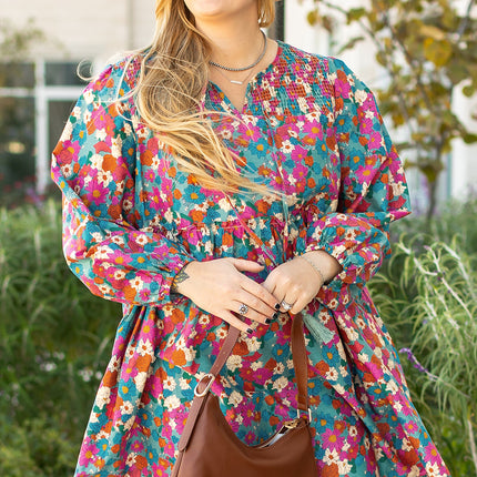 Sky Blue Plus Size Floral Print Shirred Ruffle Tiered Mini Dress