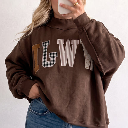 Gray WWJD Mix Pattern Letter Graphic Exposed Seam Loose Plus Size Sweatshirt