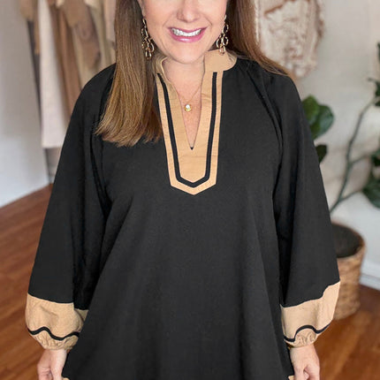 Black Plus Size Color Block Striped Trim V Neck Long Sleeve Shift Mini Dress