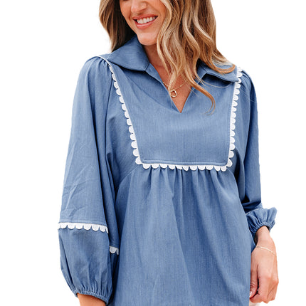 Dusk Blue Lace Ric Rac 3/4 Puff Sleeve Collared Babydoll Blouse