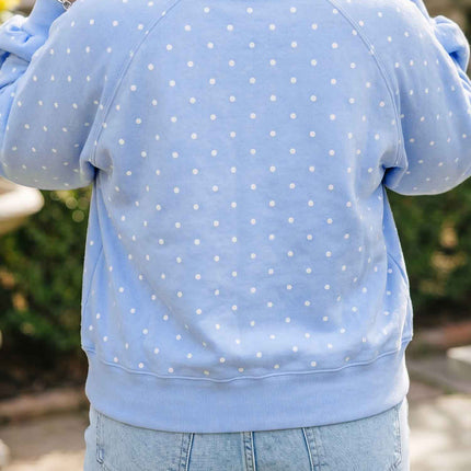 Sky Blue Polka Dot V Neck Metal Button Long Sleeve Shift Plus Size Sweatshirt